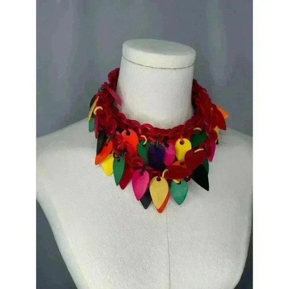 Statement Vtg Retro MOD Red Green Yellow Cluster Necklace - Picture 4 of 10